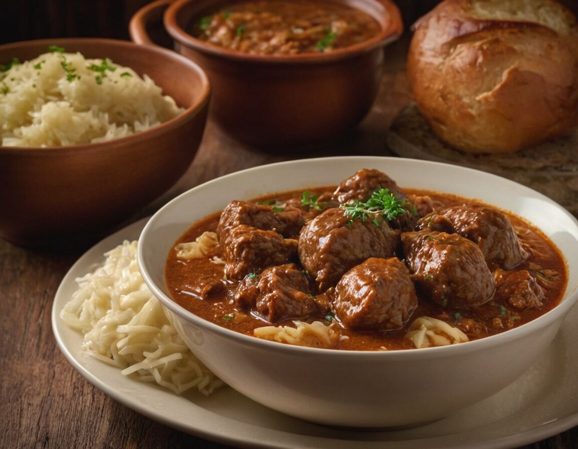 Sauerkraut und Brühe hinzufügen, aufkochen lassen - Omas Szegediner Gulasch Rezept: Traditionelle Zubereitung für ein herzhaftes Gericht