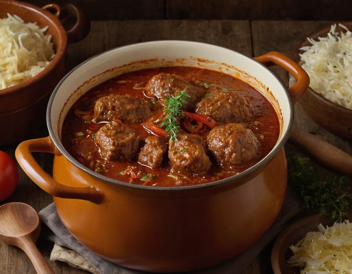 Gulasch bei niedriger Hitze, zugedeckt, garen lassen - Omas Szegediner Gulasch Rezept: Traditionelle Zubereitung für ein herzhaftes Gericht