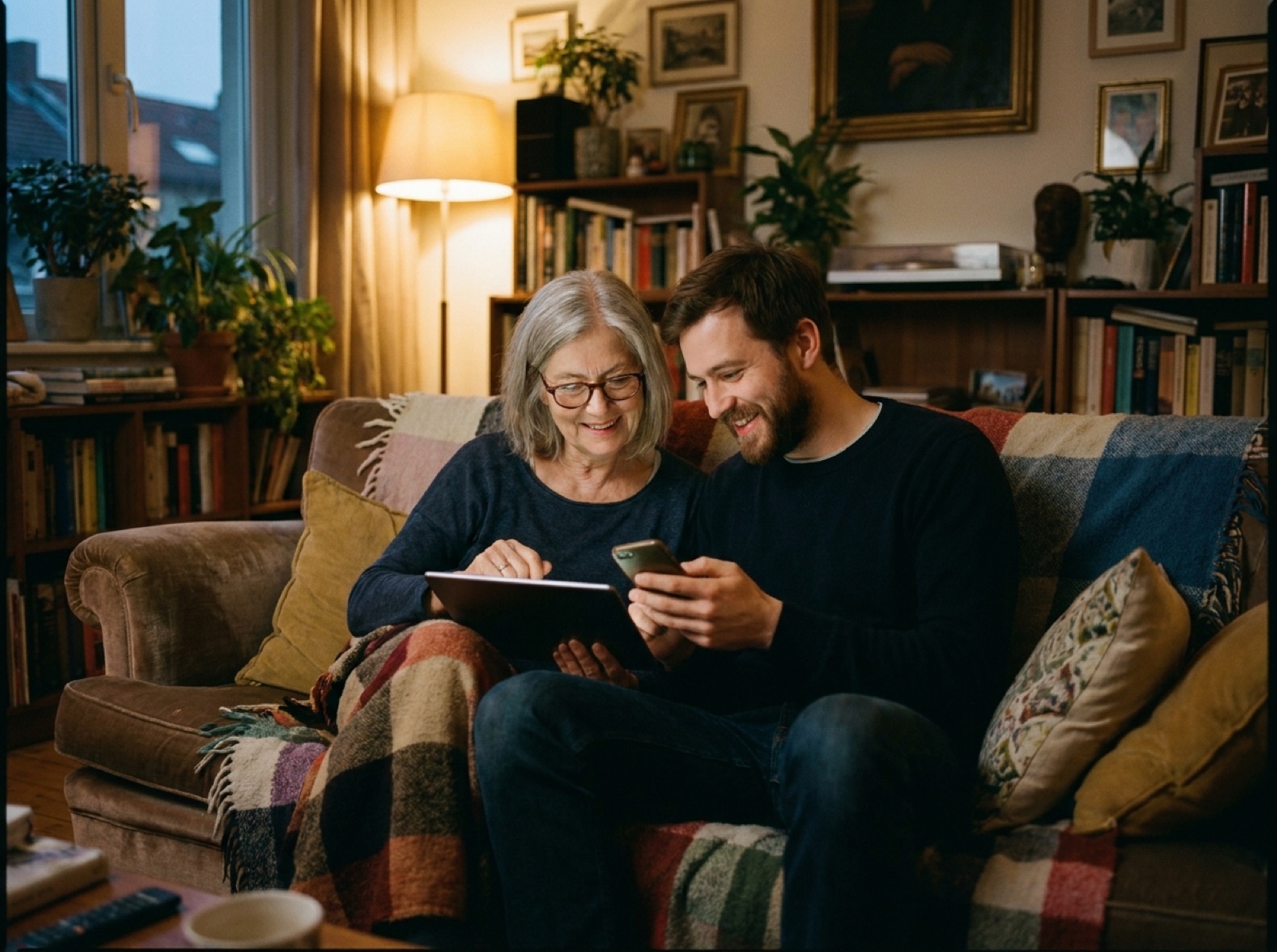 Zwei Menschen unterschiedlicher Generationen helfen sich gegenseitig beim Online-Banking am Smartphone und Tablet